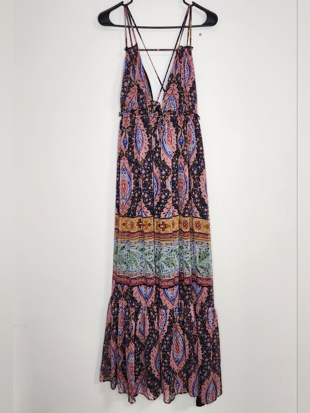 Zara Bohemian Multi-Color Strappy Back Maxi Chiffon Dress Small Boho Festival